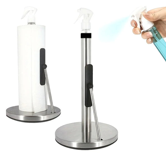 1pc Stainless Steel Kitchen Paper Towel Rack Vertical Kitchen Paper Towel Rack Roll Paper Storage Rack with Spray Bottle