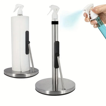 1pc Stainless Steel Kitchen Paper Towel Rack Vertical Kitchen Paper Towel Rack Roll Paper Storage Rack with Spray Bottle
