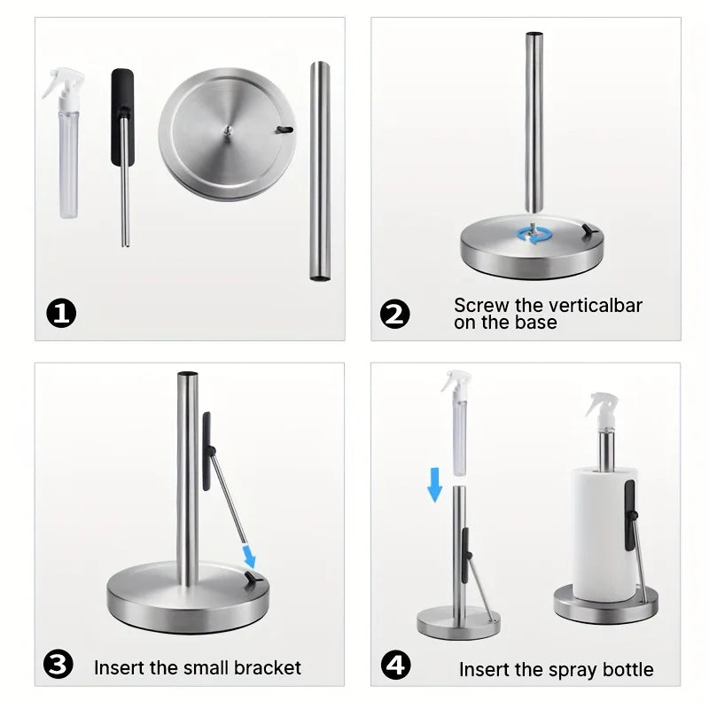 1pc Stainless Steel Kitchen Paper Towel Rack Vertical Kitchen Paper Towel Rack Roll Paper Storage Rack with Spray Bottle